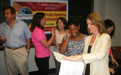 About 15 members currently comprise the PRATTically Speaking Toastmasters club, which meets on the first and third Tuesday of the month in Hudson Hall. Photo courtesy of Jessica Bolton