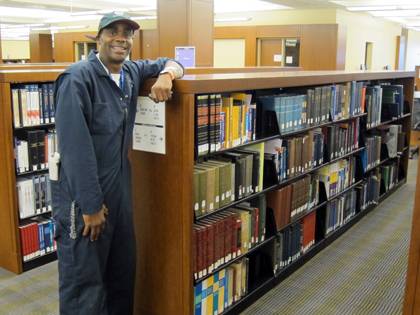 Wesley Laws, a utility worker for Housekeeping, spends much of his time in Perkins Library.