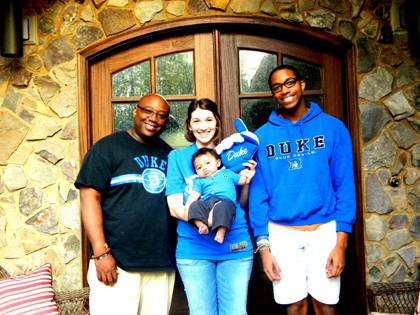 A true-blue Duke family. Kim Blackshear poses with her husband, John, 16-year-old son Aki and baby Andwele. Photo courtesy of Kim Blackshear.