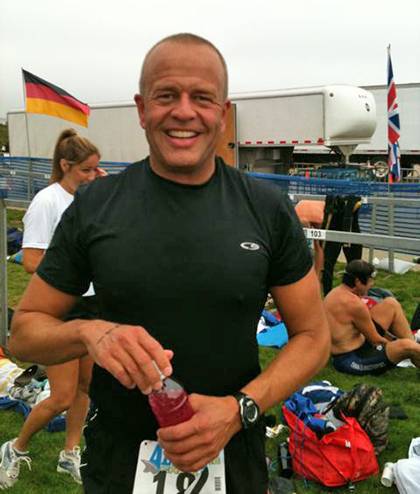 Josh Bond at the transition area of the Alcatraz Challenge, which involved swimming from Alcatraz to Chrissy Field and then running across the Golden Gate Bridge and back. Photo courtesy of Josh Bond.