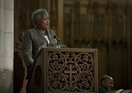 Political strategist Donna Brazille tells the audience at Duke's MLK Commemoration that voting rights are a lasting legacy of the Civli Rights movement.  Photo by Megan Morr