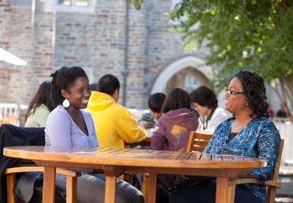 Janeka Jenkins, left, meets regularly with her mentor, Kennedine Mack, right, to discuss everything from work/life balance to career opportunities at Duke. Photo by Duke Photography.