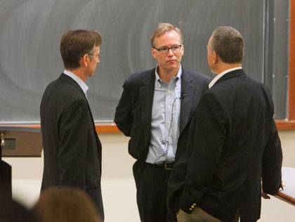 Steve Coll, center, talks with journalist and Sanford School professor Phil Bennett and Sanford Dean Bruce Kuniholm. Photo by Megan Morr/Duke University Photography