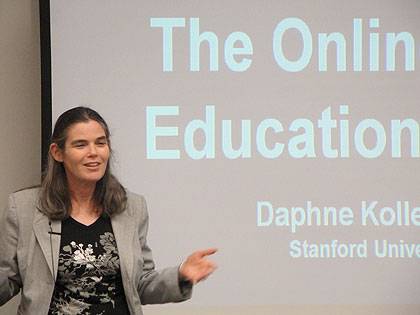 Daphne Koller explains Coursera's mission.  Ten Duke faculty have signed up to teach free online courses through the program.  Photo by Geoffrey Mock.