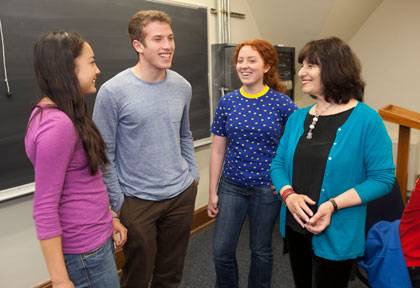 Author Colette Fellous, right, chats with Duke first-year students, from left, Amee Tan, Dan Altman and Erin Russell, before her talk at the Foreign Languages building. Photo by Jared Lazarus, Duke University Photography