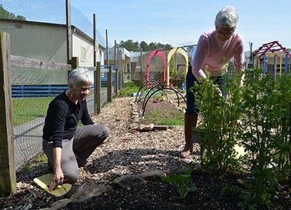From left to right, Duke retirees Connie Winstead and Margaret Hodel volunteer in the garden at Lakewood Elementary School. Photo by April Dudash