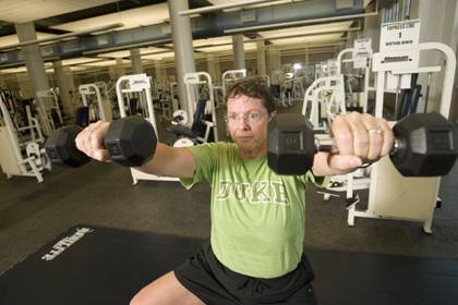 Meg Wilson, a Duke Career Center marketing specialist, works out at Wilson Recreation Center on West Campus.