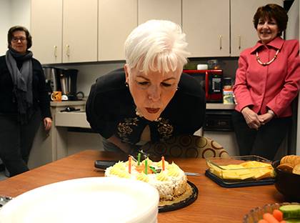 Contracts administrator Faye Murrell recently celebrated her birthday with the Duke Office of Corporate Research Collaborations staff. Murrell is usually the one baking cakes for coworkers' birthdays. Photo by April Dudash