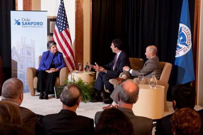 Janet Napolitano discusses national security and immigration with David Schanzer, middle, and Noah Pickus Thursday night.  Photo by Les Todd