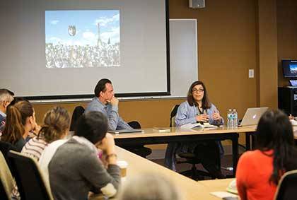 Laurent Dubois and Negar Mottahedeh speak on the global use of social media in the aftermath of the weekend attacks. Photo by Megan Mendenhall/Duke Photography