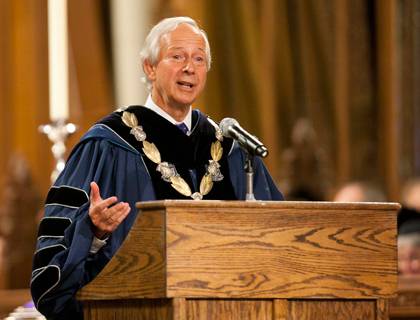 President Richard H. Brodhead speaks at the 2013 new student convocation. Photo by Megan Morr/Duke University Photography