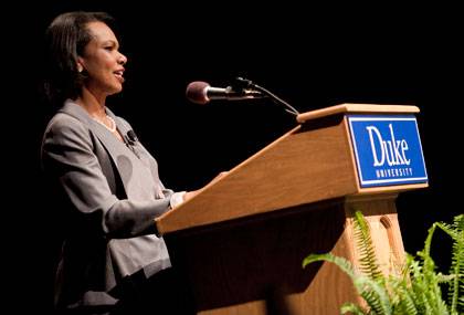 Former Secretary of State Condoleezza Rice delivers the Ambassador Dave and Kay Phillips Family International Lecture Tuesday.  Photo by Les Todd