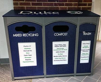 Single-stream recycling stations like this one have started popping up around campus to encourage smarter waste management by students and employees. Photo by Bryan Roth.