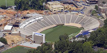 An aerial shot of Brooks Field at Wallace Wade Stadium shows enhancements made to the facility since the end of last season. Along with new seating options, a state-of-the-art scoreboard has also been installed. Photo courtesy of Duke Facilities Manageme
