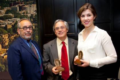 Provost Peter Lange with Algernon Sydney Sullivan Award winners Geoffrey Mock and Kathleen Perry. Photo by Duke University Photography.