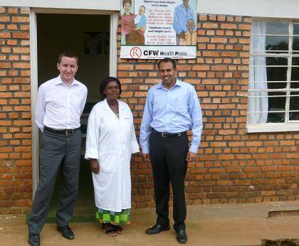 Richard Bartlett, left, and Krishna Udayakumar, right, visited Child & Family Wellness clinics in rural Rwanda in April as part of their work with a new non-profit hosted at Duke, the International Partnership for Innovative Healthcare Delivery. 