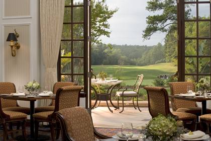 Visitors to the Washington Duke Inn and Golf Club can dine at the Fairview Dining Room and enjoy sceneic views of the historic property. Photo courtesy of the Washington Duke Inn and Golf Club.