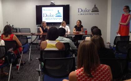 Duke summer interns and recent grads listen to alumni speak about their experiences in Journalism. Photo by Landy Elliott.