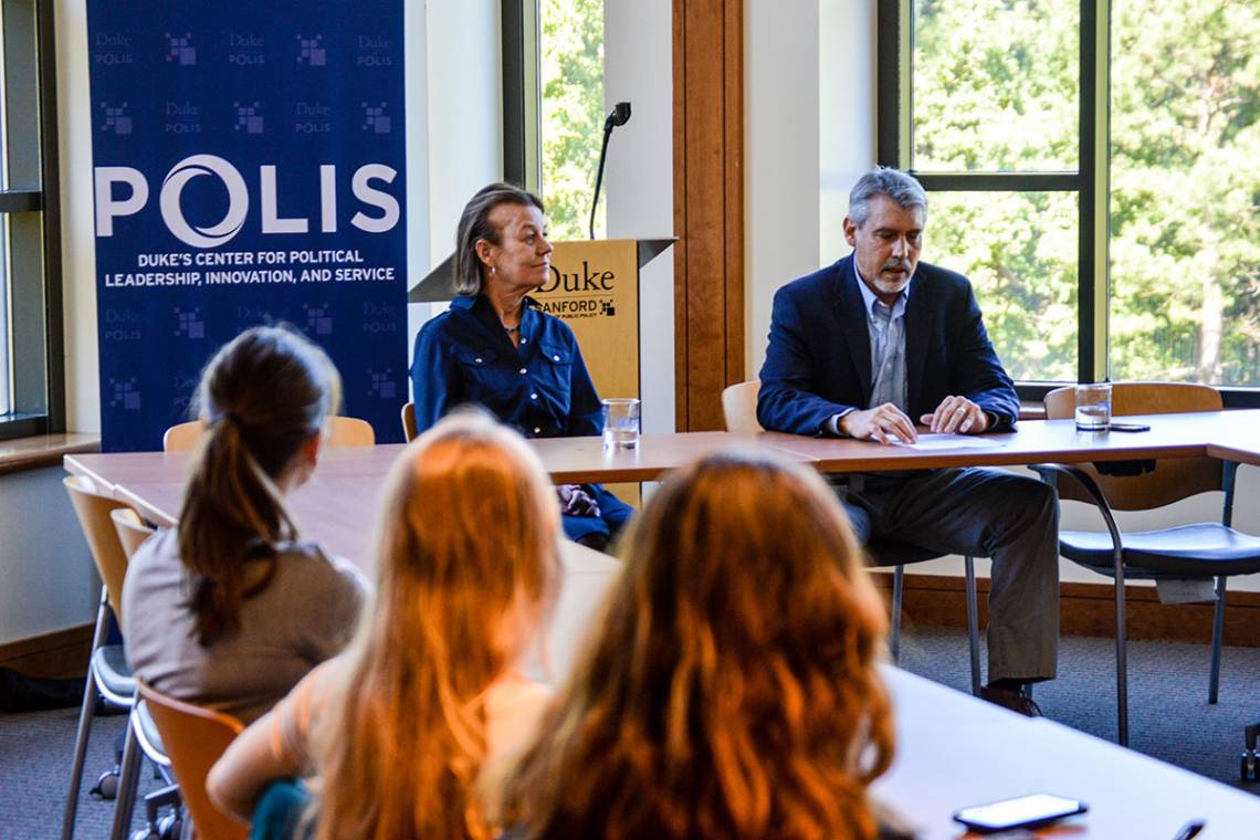 Tamera Luzzatto speaks with Duke students about her wide-ranging political career. Professor Fritz Mayer interviewed her. Photo by Joel Luther.
