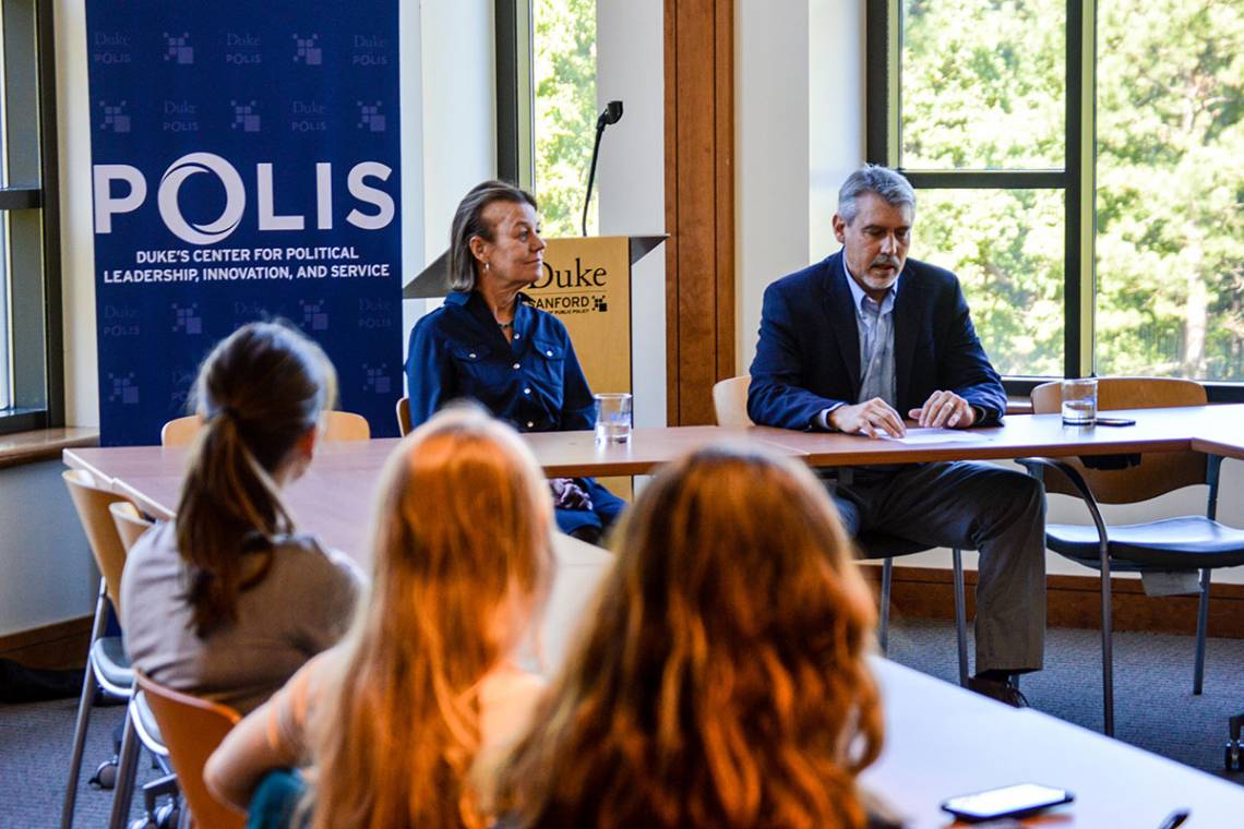 Tamera Luzzatto speaks with Duke students about her wide-ranging political career.  Professor Fritz Mayer interviewed her. Photo by Joel Luther.