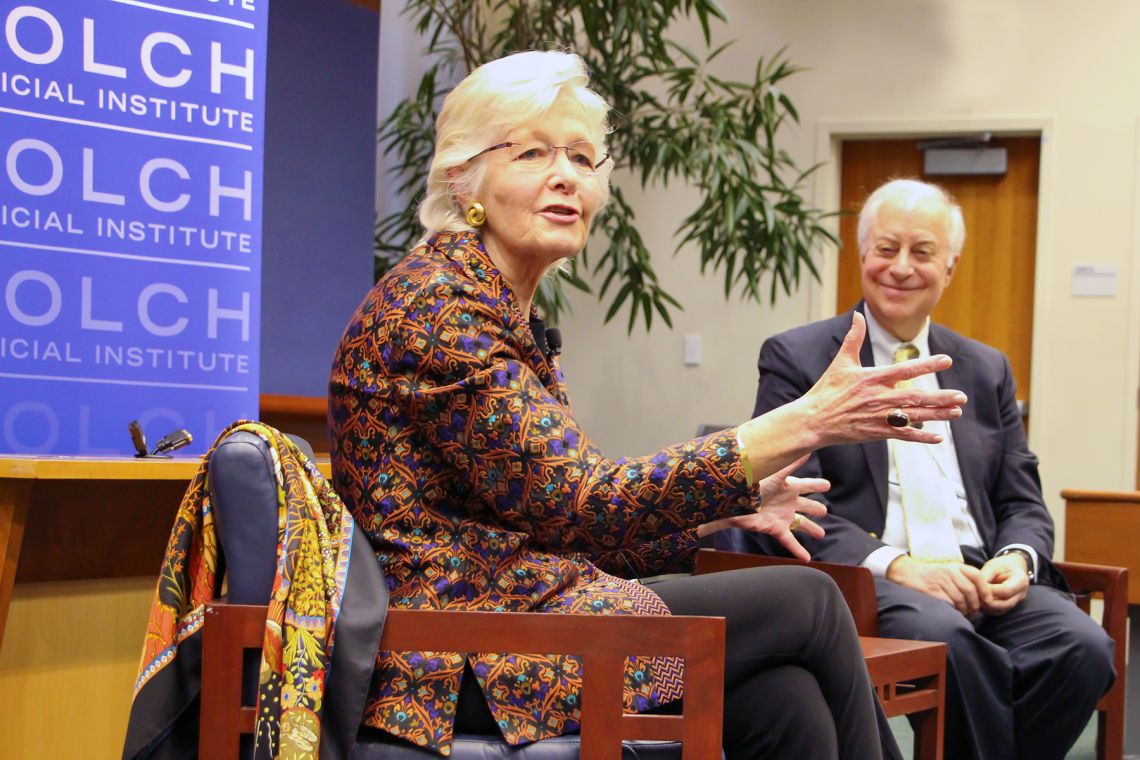 Margaret Marshall speaks with Bolch Judicial Institute director David Levi in a February 2020 event at the institute.