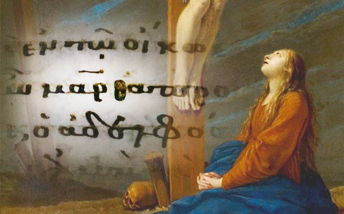 An image of a 12th-century manuscript where it appears the Greek word for “Mary” was changed to “Martha” overlayed on a 17th century painting of the crucifixion by Matthias Wulfraet.