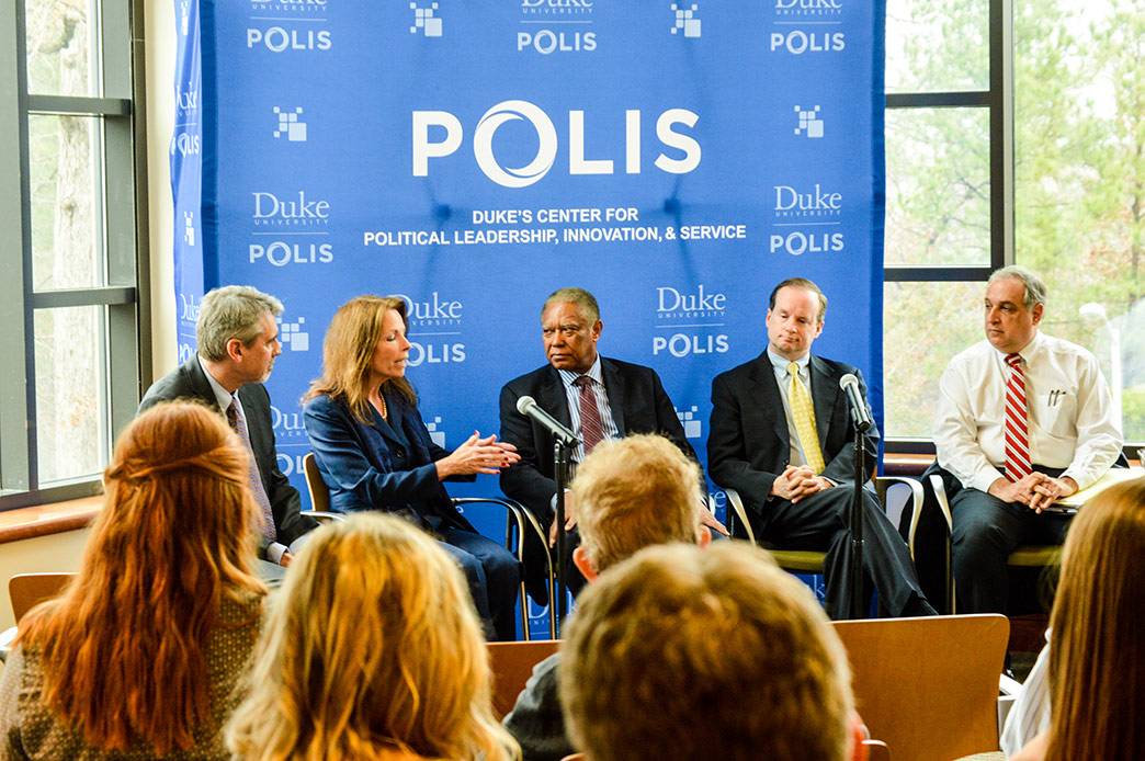On the panel: Fritz Mayer, Tamara Barringer, Dan Blue, John Hood and Rick Glazier. Photo by Joel Luther