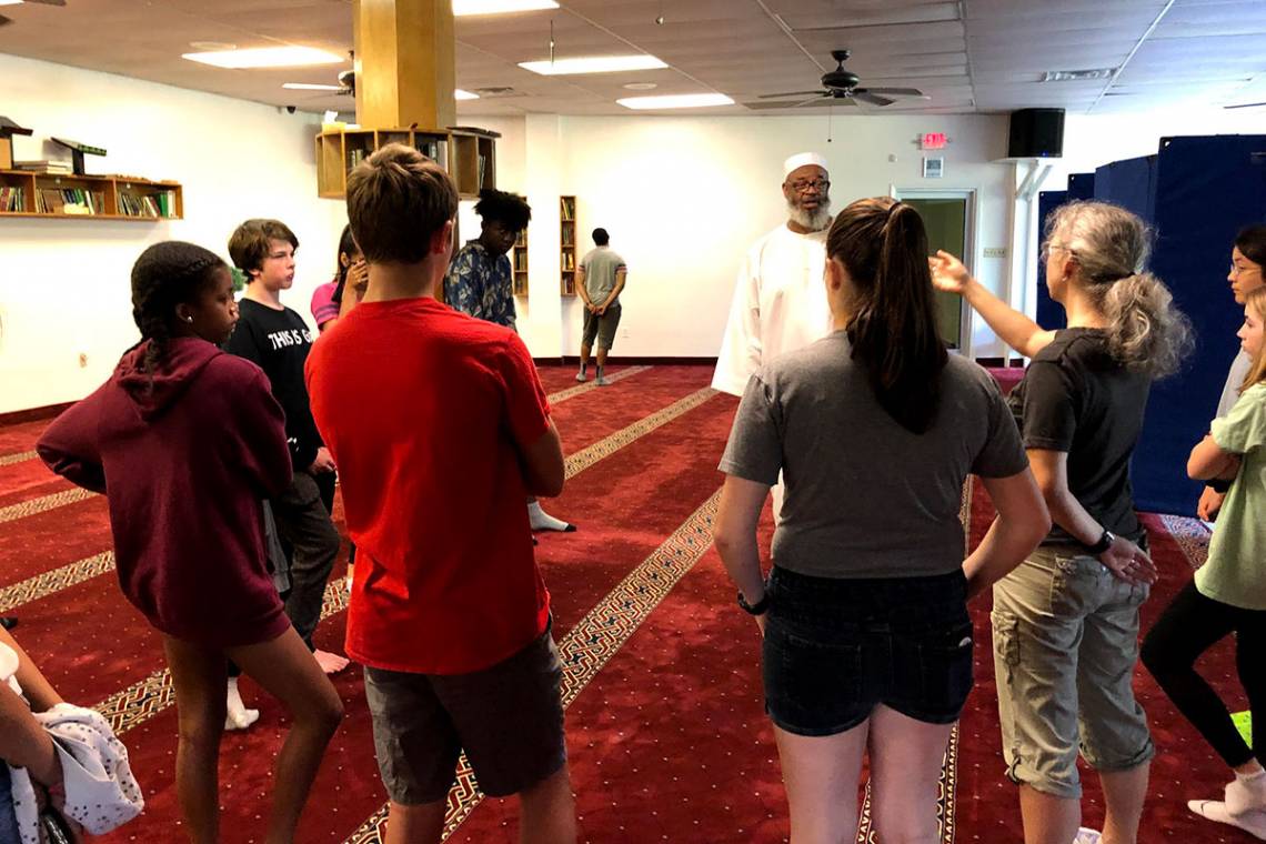 John Hope Franklin Scholars learn about Islamic history and practices during a visit to a mosque.