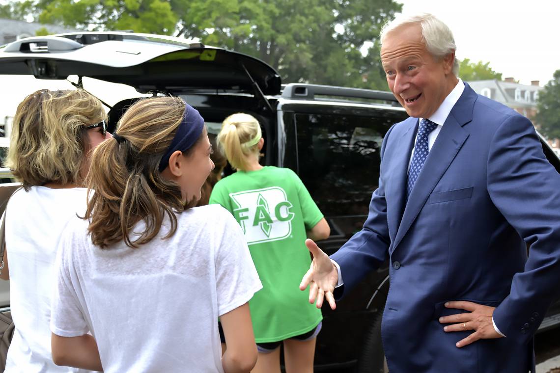 President Richard H. Brodhead welcomes students during 2015 move-in.