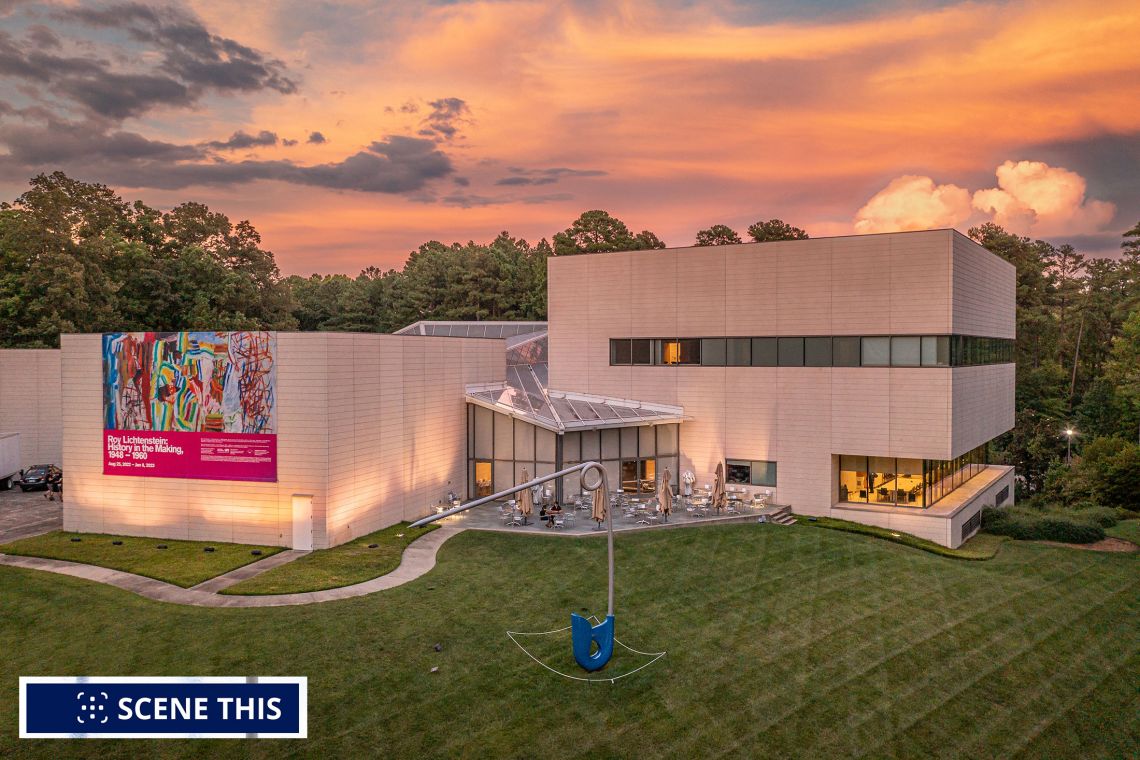 aerial photo of the Nasher Museum at twilight