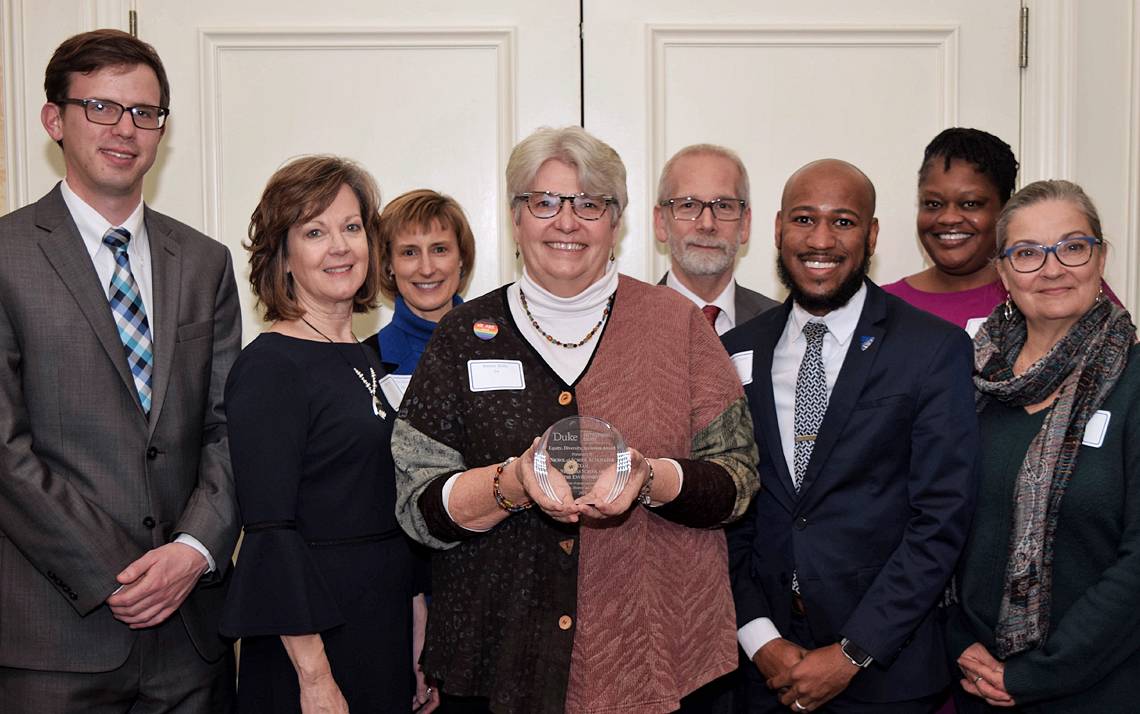 (Left to right) Park Watson, Michele Grow, Charlotte Nunez-Wolff, Nancy Kelly, Dean Urban, Brandon Toney, Erika Lovelace and Donna Sell with the Nicholas School of the Environment. Photo courtesy of Duke University Office for Institutional Equity.