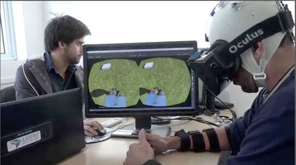 A screen grab from a video summarizing the experiment shows a patient learning to use an avatar to walk in virtual reality. Image courtesy of AASDAP/ Lente Viva Filmes