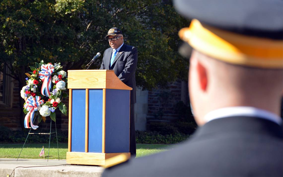 Phail Wynn Jr. addresses the crowd at Duke's Veterans Day ceremony.