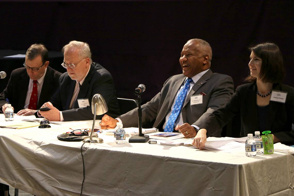 Phail Wynn enjoys a laugh at the 2018 spelling bee. Wynn was essential to numerous university outreach programs in the community.