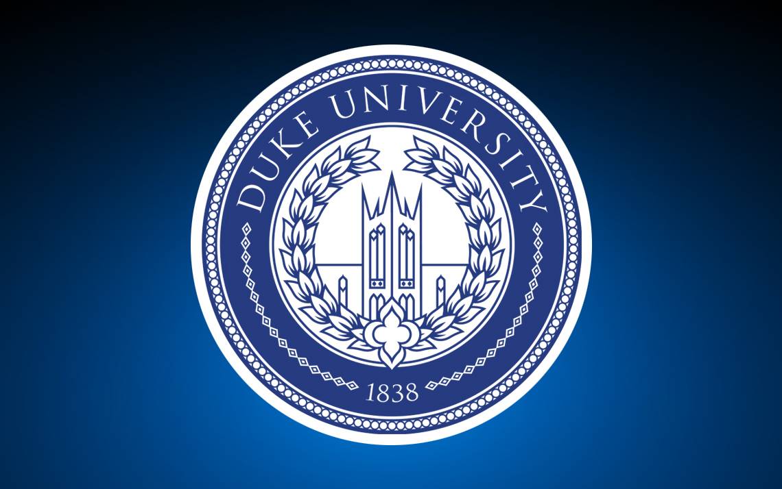 Duke University logo against blue background.