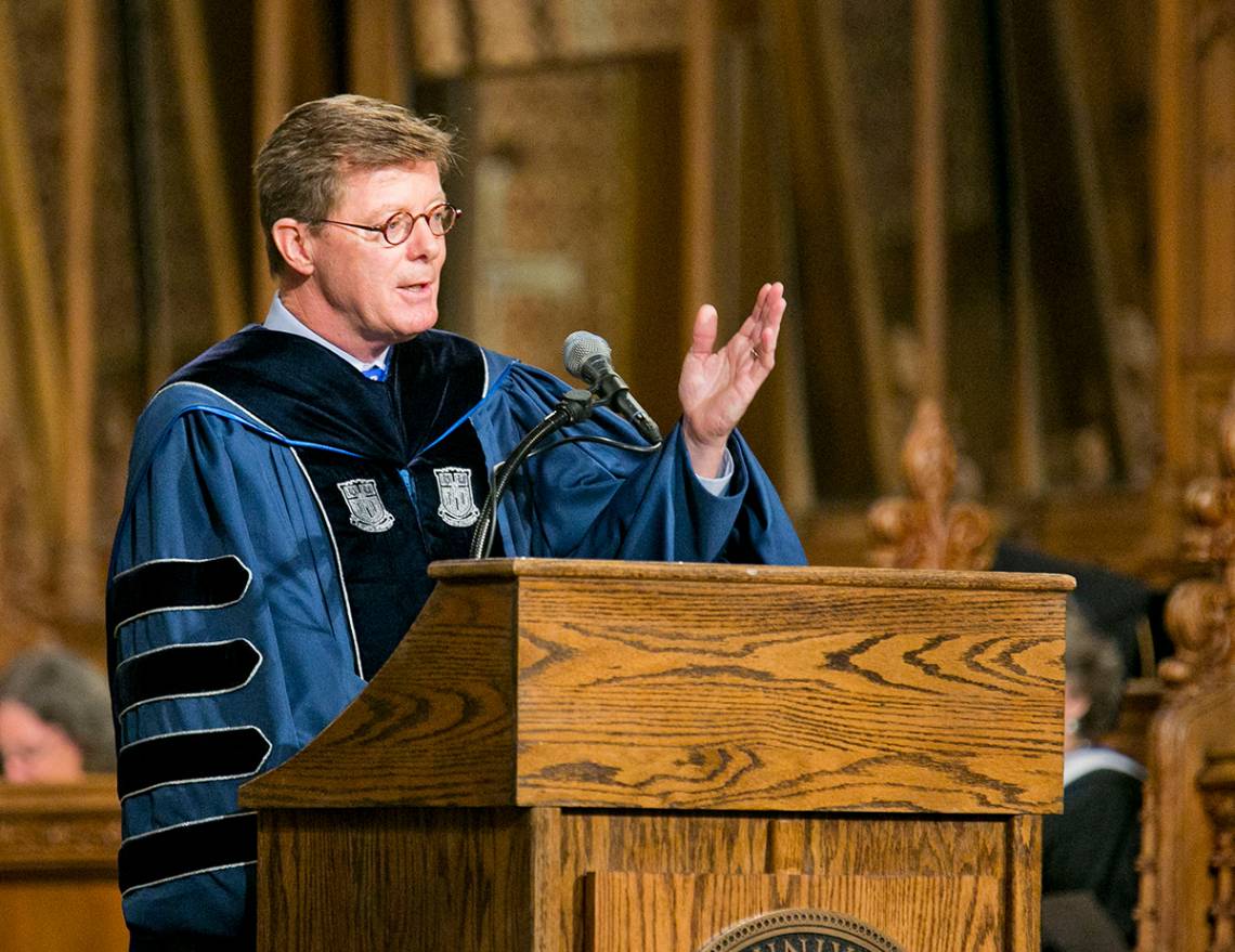 New Duke President Vincent E. Price presents his first address at a Duke student convocation. Photo by Megan Mendenhall/Duke Photography