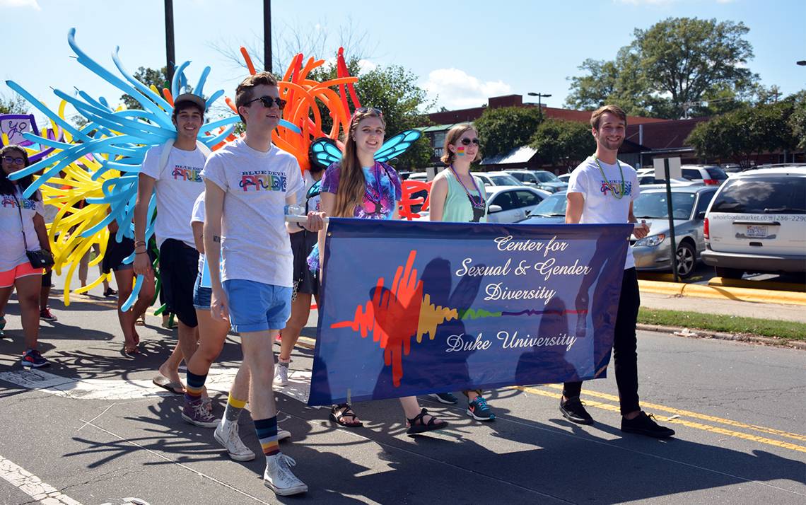 Members of the Duke and Durham community gathered Sept. 24 as part of an annual parade held on-and-around East Campus to celebrate the LGBTQ+ community. Photo by April Dudash.