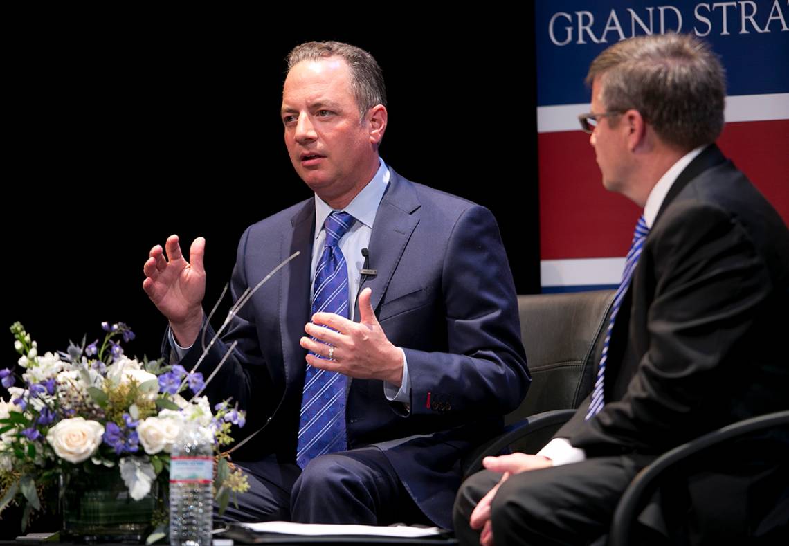 Reince Priebus and Peter Feaver recount the 2016 presidential campaign. Photo by Megan Mendenhall/Duke Photography