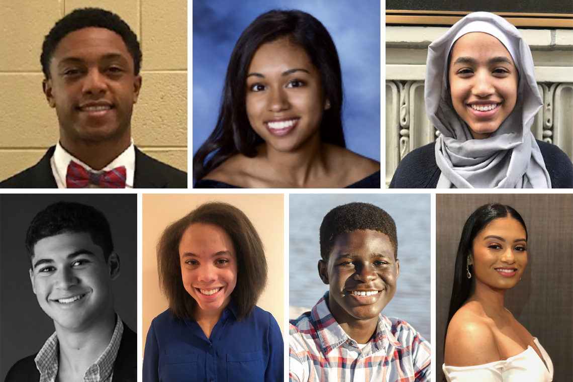 The Class of 2023 Reginaldo Howard Scholars, clockwise from top left: Eric Huey; Sydney Hunt; Leena Mohamedali; David Radvany-Roth; Hannah Shuffer; Kevin Wiafe; and Nia Williams.