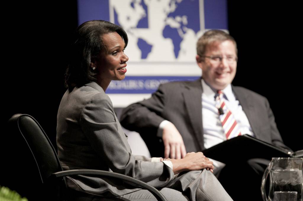 Condoleezza Rice in conversation with Professor Peter Feaver during a 2012 visit to Duke.