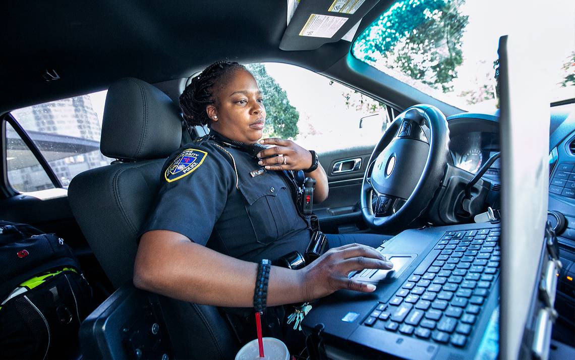 Sgt. Whitney McKoy of the Duke University Police Department patrols campus on a recent afternoon.