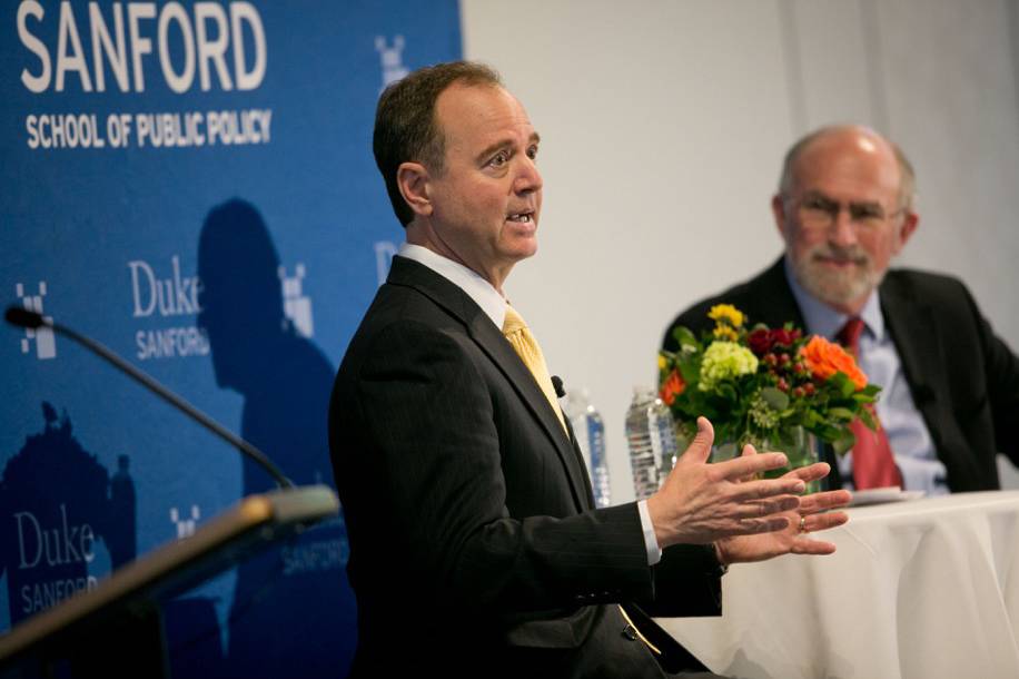 U.S. Rep. Adam Schiff takes questions on the Russian investigation and other topics during a talk Monday in Penn Pavilion. Photo by Jared Lazarus/Duke Photography