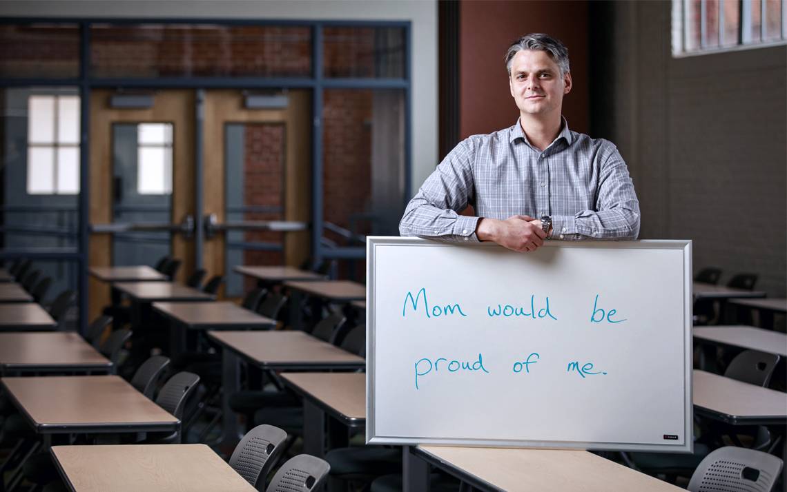 Ivan Ross of the Duke Talent Identification Program holds his Six Word Story. Photo by Alex Boerner.