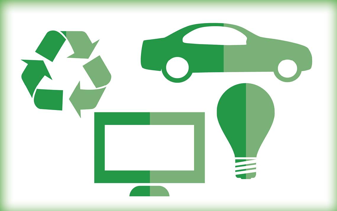 A graphic with a computer, a car, a light bulb and a recycling symbol.