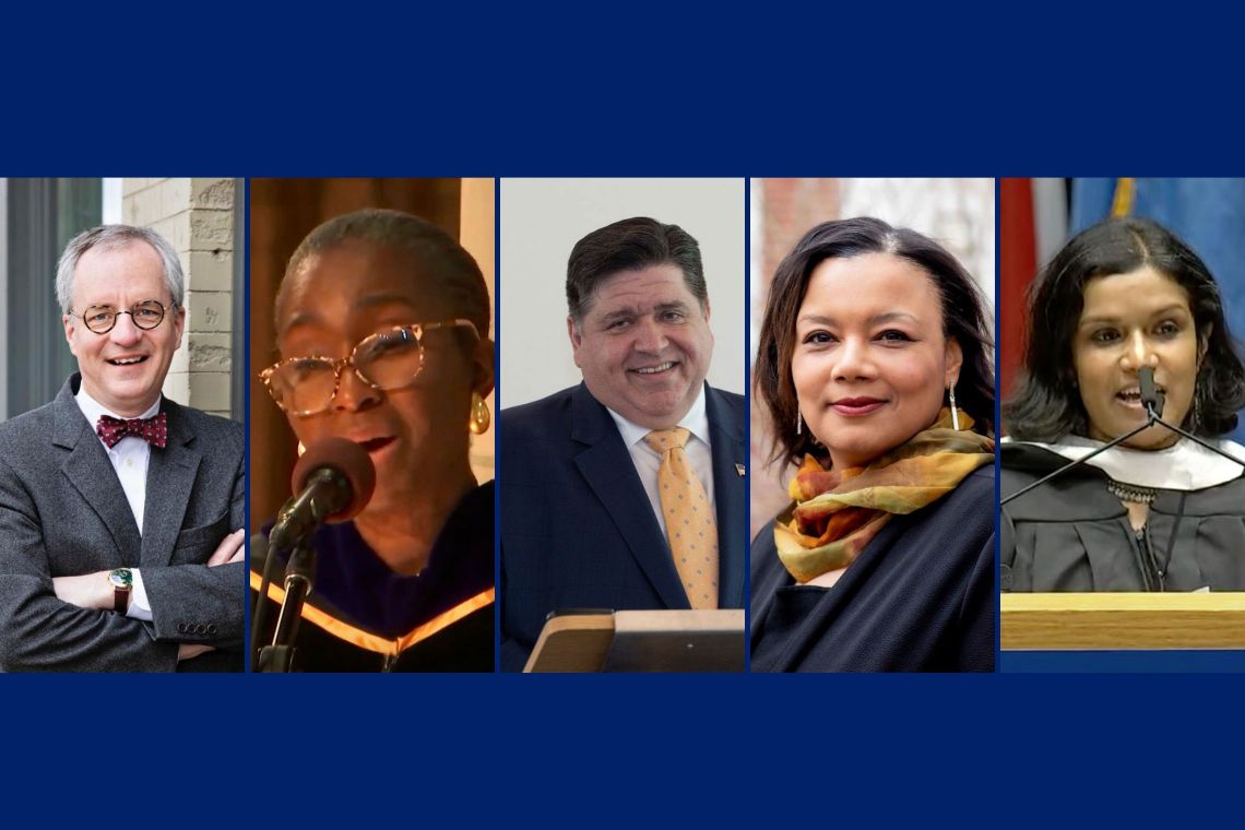 Convocation speakers: Steve Medema, economics; Wylin Wilson, Divinity; J.B. Pritzker, political science; Tomiko Brown-Nagin, Graduate School; and Sonia Sekhar, Sanford. 