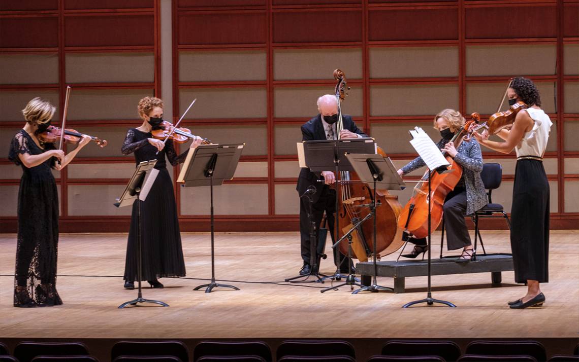 North Carolina Symphony members perform while wearing masks in September at Meymandi Concert Hall in Raleigh. Photo courtesy of the North Carolina Symphony.