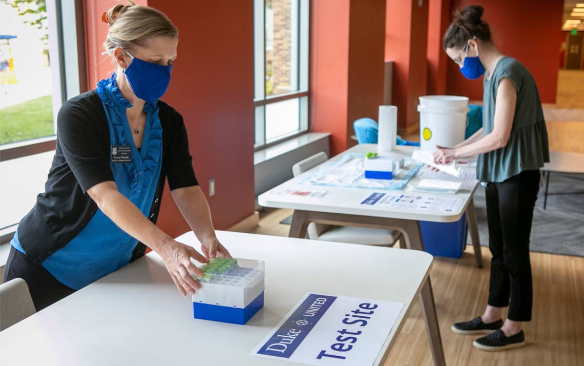 Starting this week, as part of Duke's strategy, around 2,000 self-administered COVID-19 tests will be completed by a cross-section of Duke undergraduate students on campus. Photo by Jared Lazarus, University Communications