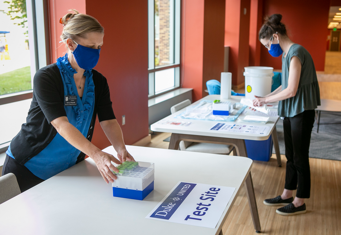 Duke University has launched COVID-19 surveillance testing on random students at multiple testing sites across East and West Campus, including here at The Hollows residence hall.