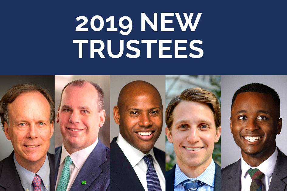 New trustees, from top left: Dr. William Kaelin Jr, Michael Rhodes, Mychal Harrison, William Brody and Trey Walk. Image by Maya O'Neal.