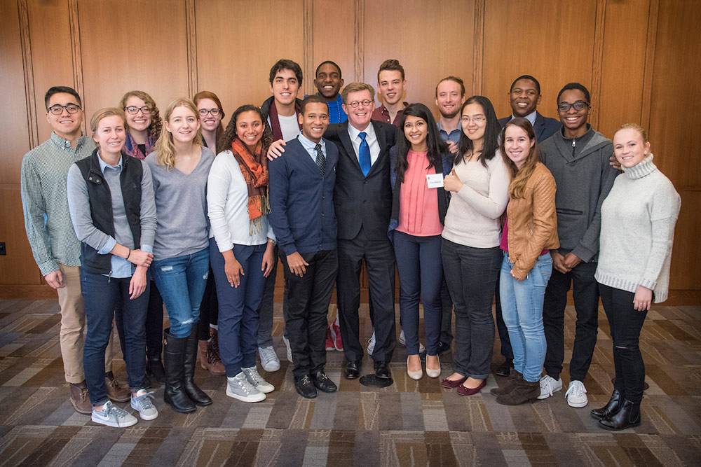 After his election by trustees, President-Elect Vincent Price started his campus tour by meeting with a number of students. Photo by Duke Photography